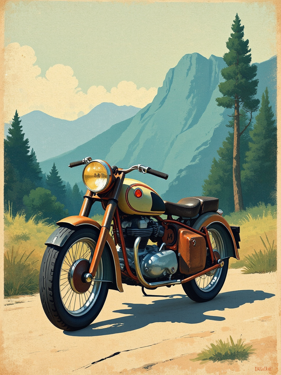 A stylized vintage motorcycle