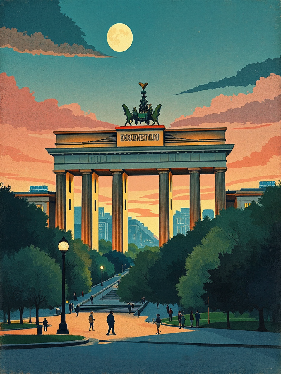 Airbrush-style art deco cityscape