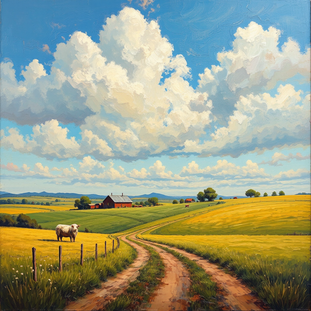 Farmland depicted in oil