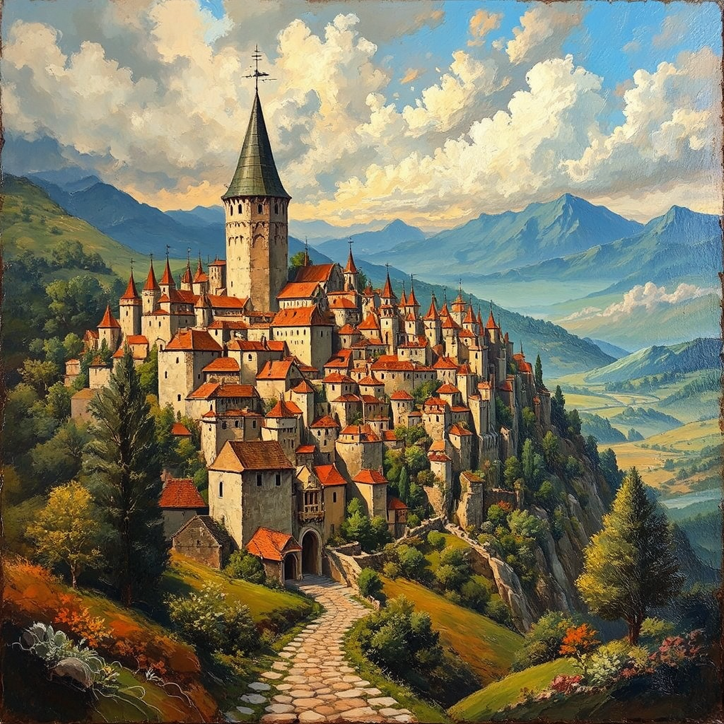 Medieval city in oil