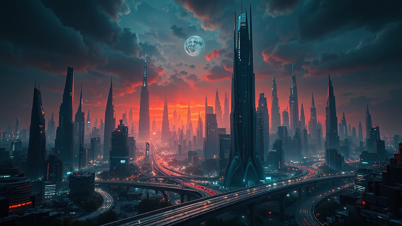 Cityscape with tall futuristic