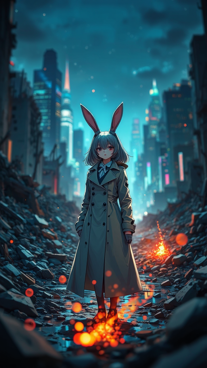Girl in ruinous cityscape