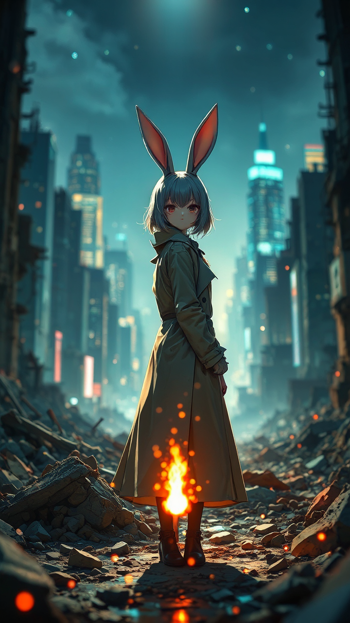 Girl stands amidst ruined