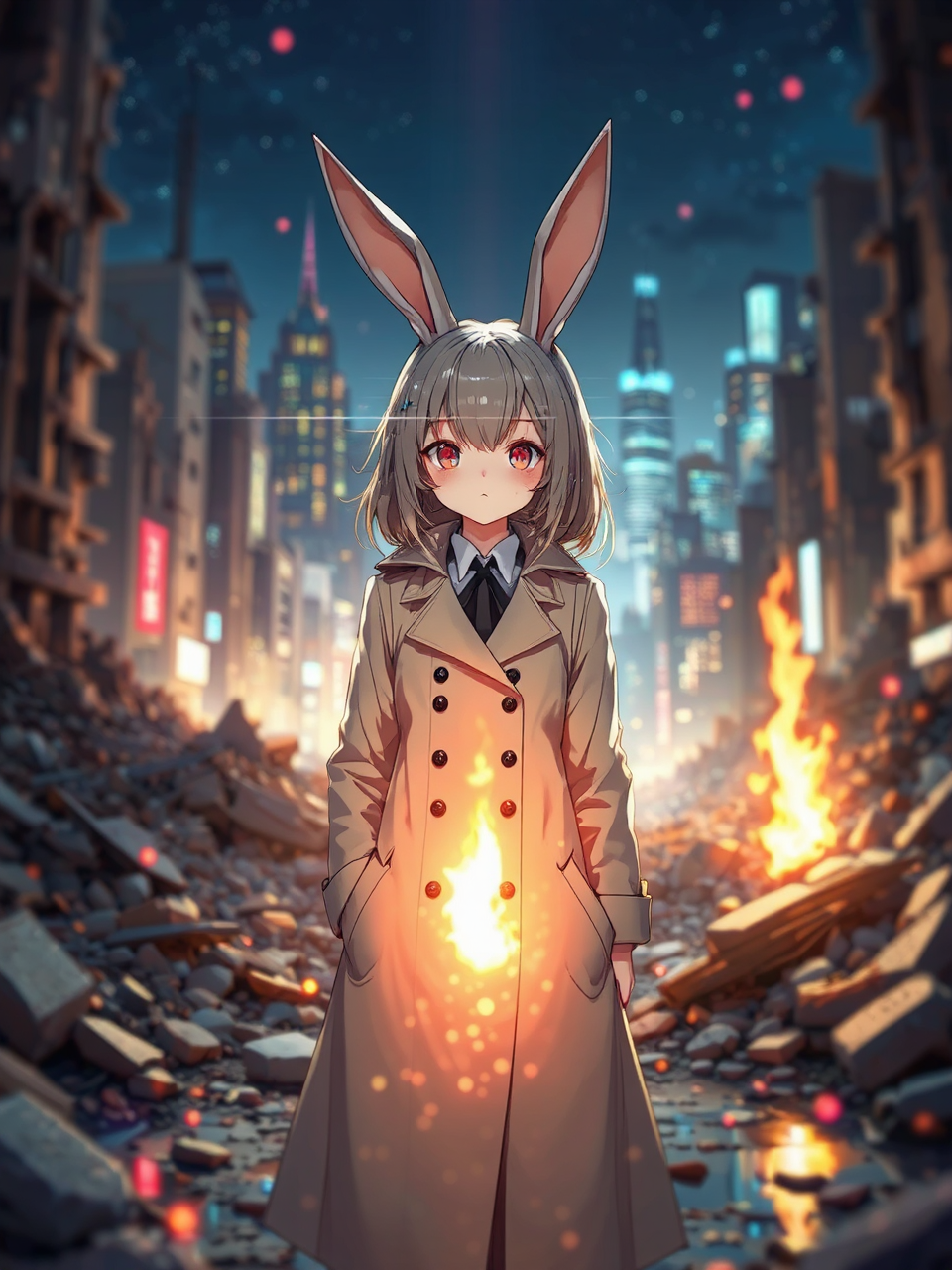 Girl stands amidst ruins.