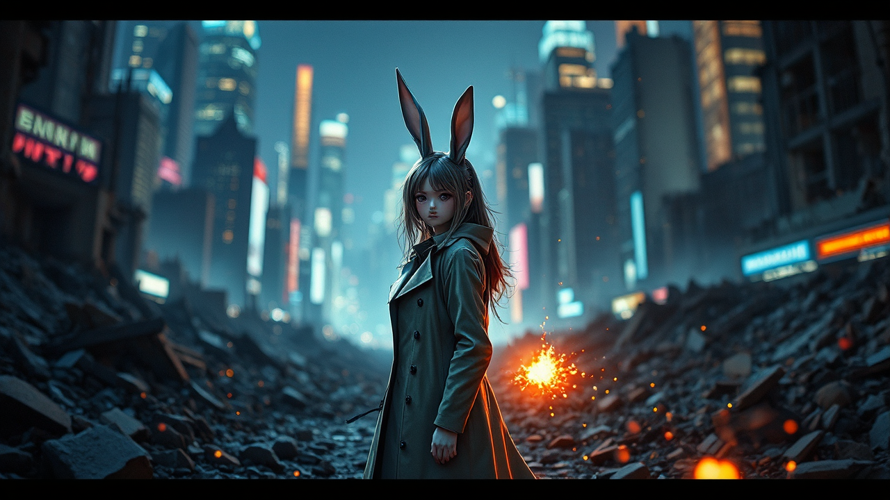 Girl in ruins, rabbit