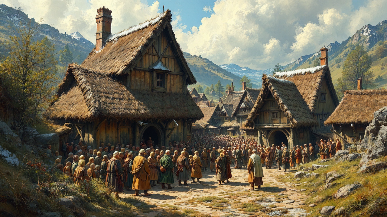 Villagers gather around entrance