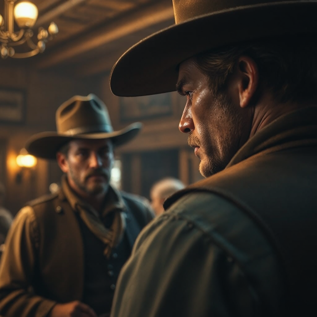 Sheriff and cowboy argue.