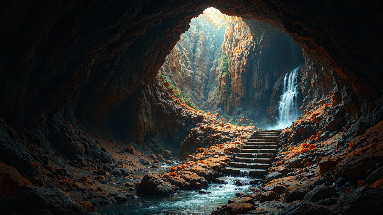 Dark cave with waterfall