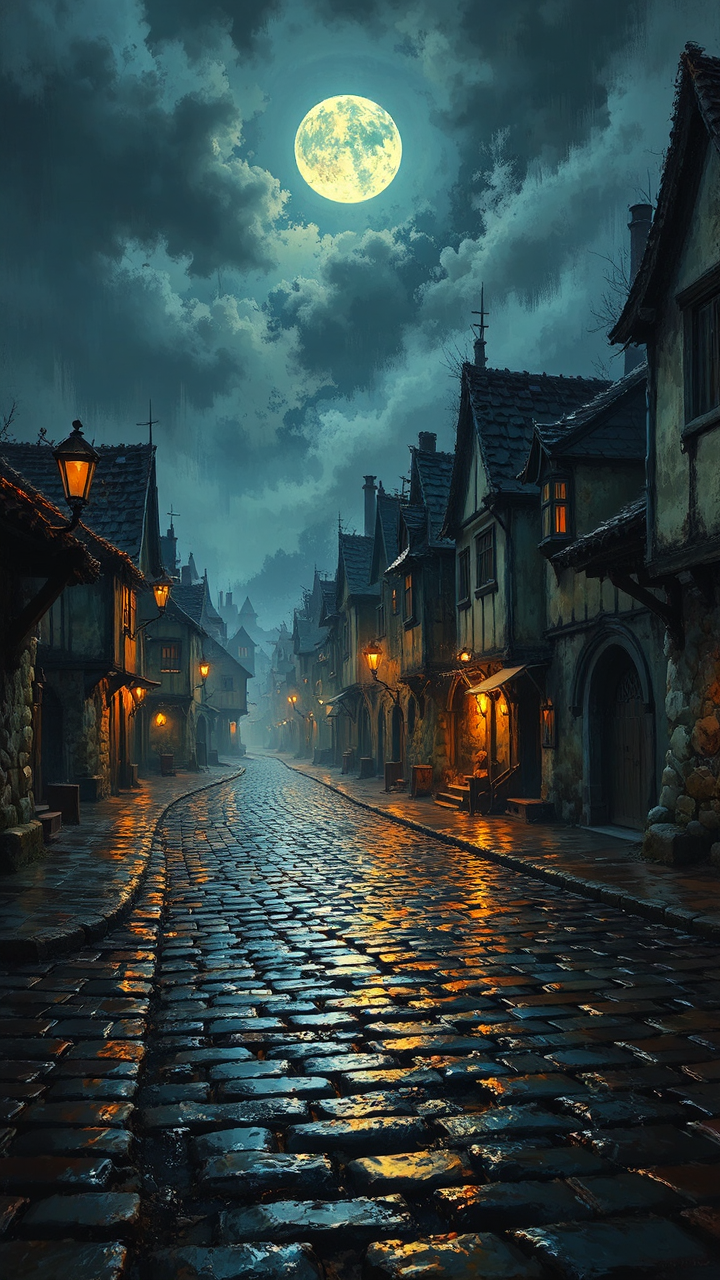 Medieval streets at night.