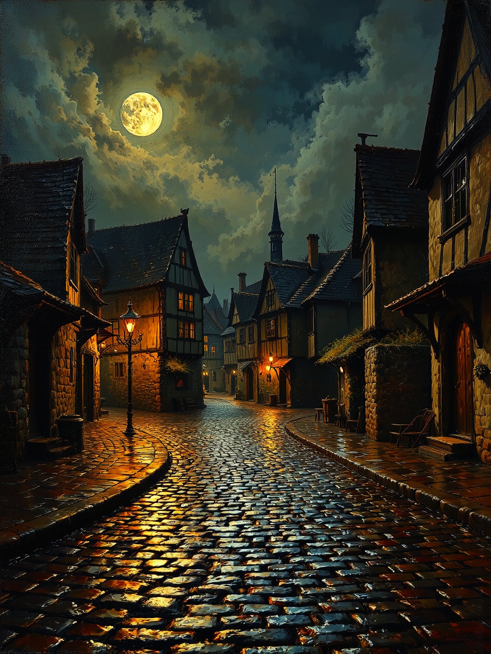 Medieval cobblestones under moon