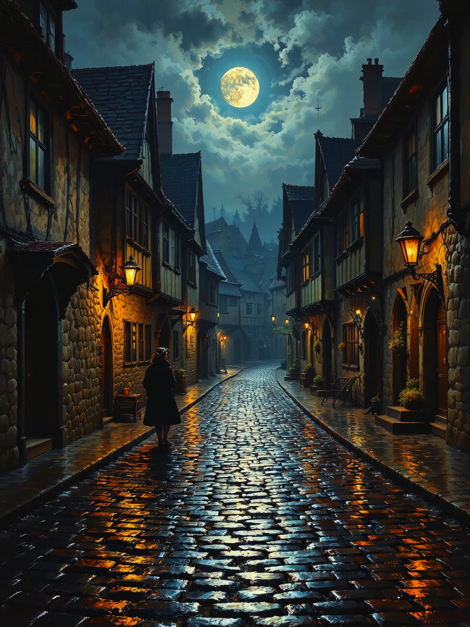 Wet cobblestones under moonlit