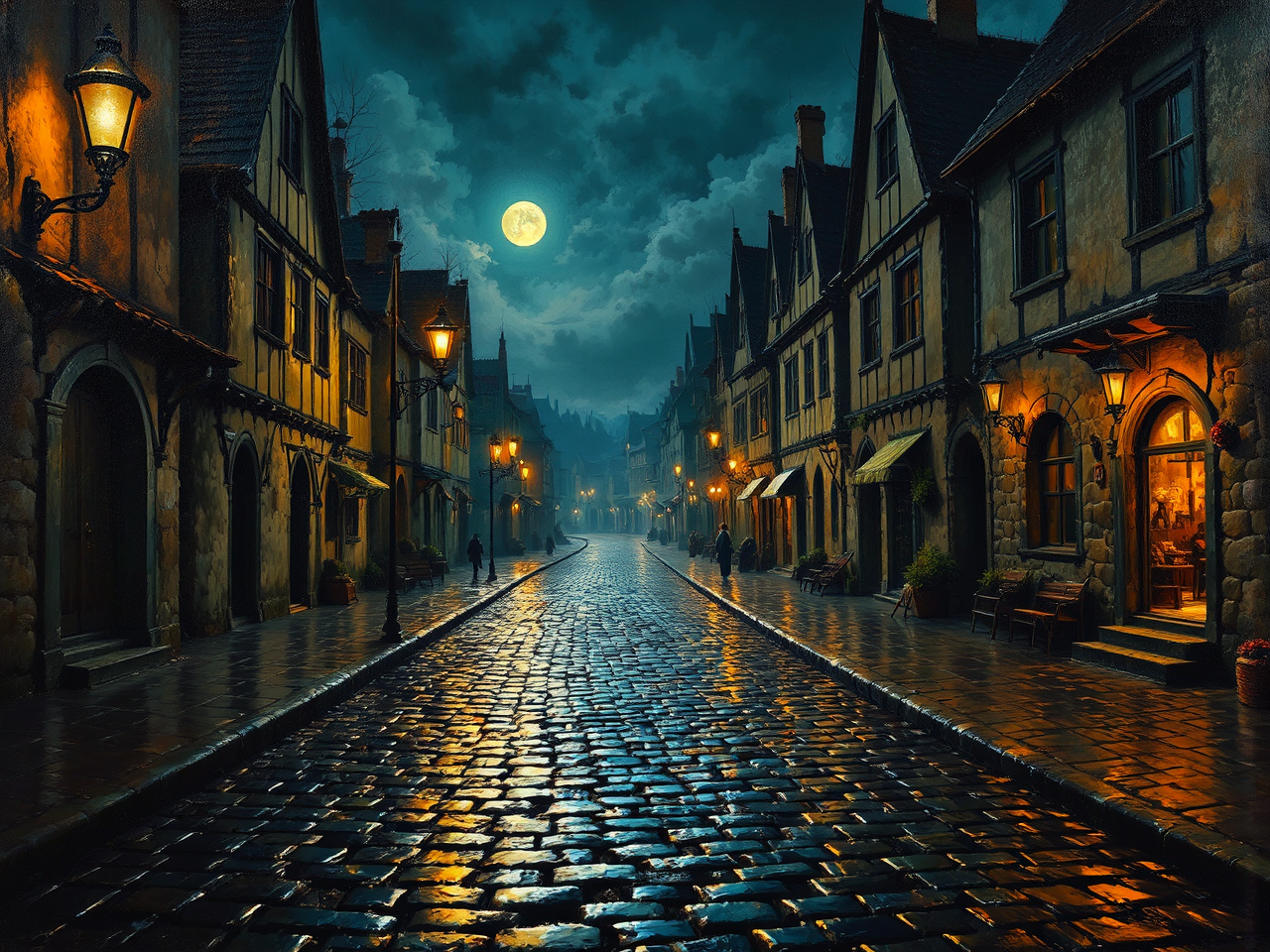 Medieval streets at night.