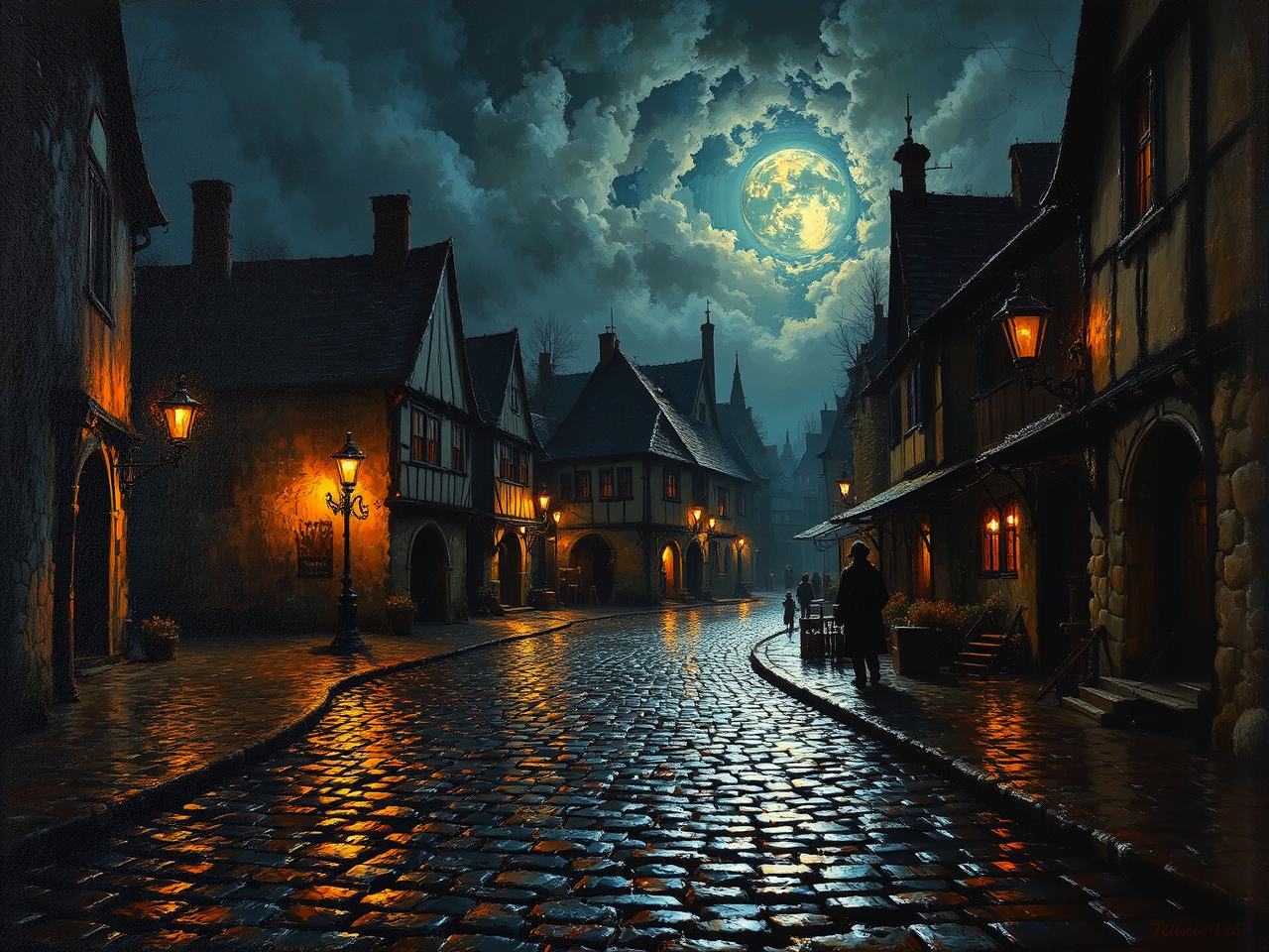 Wet cobblestones lit by