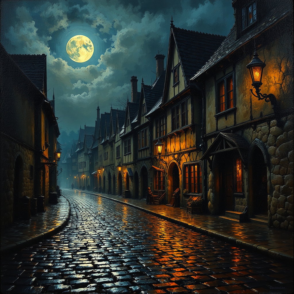 Medieval streets at night.