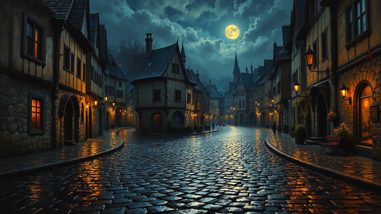 Wet medieval cobblestones at