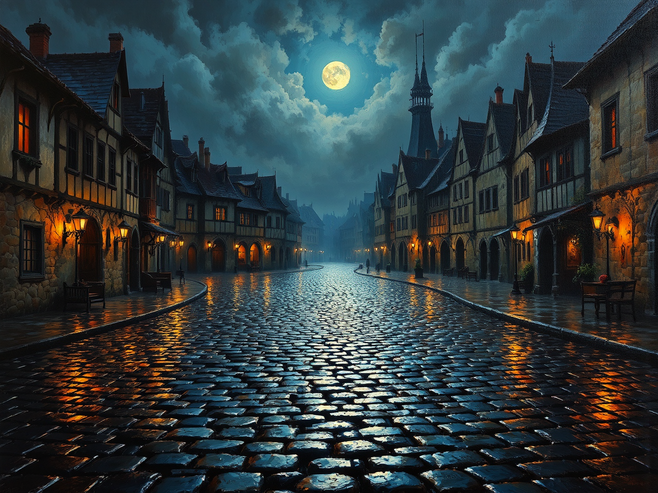 Wet cobblestones illuminated at