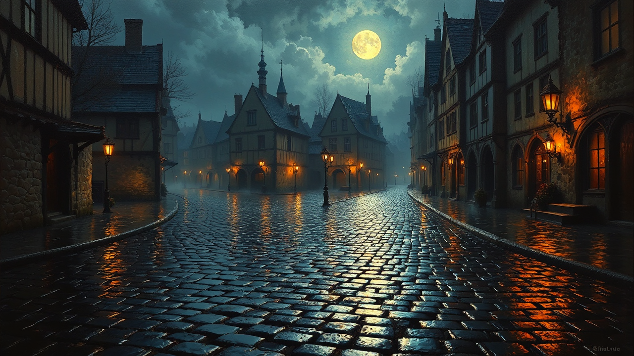 Wet cobblestones under moonlit