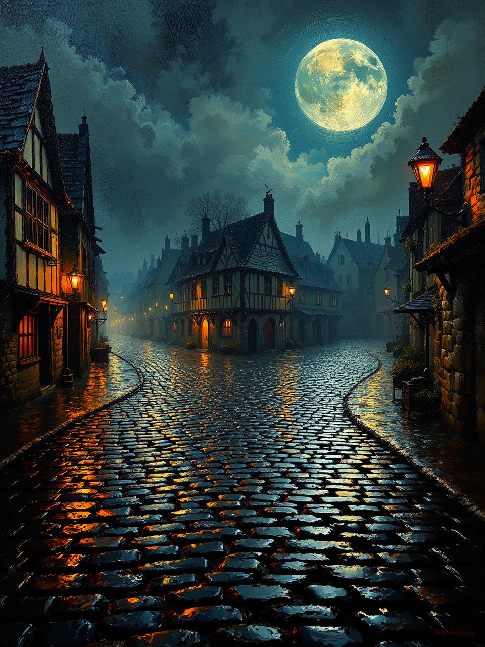 Wet cobblestones under moonlit