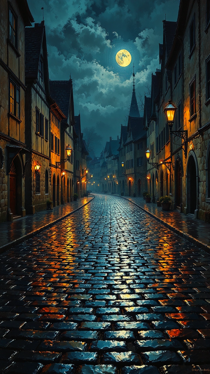 Wet cobblestones under moonlit