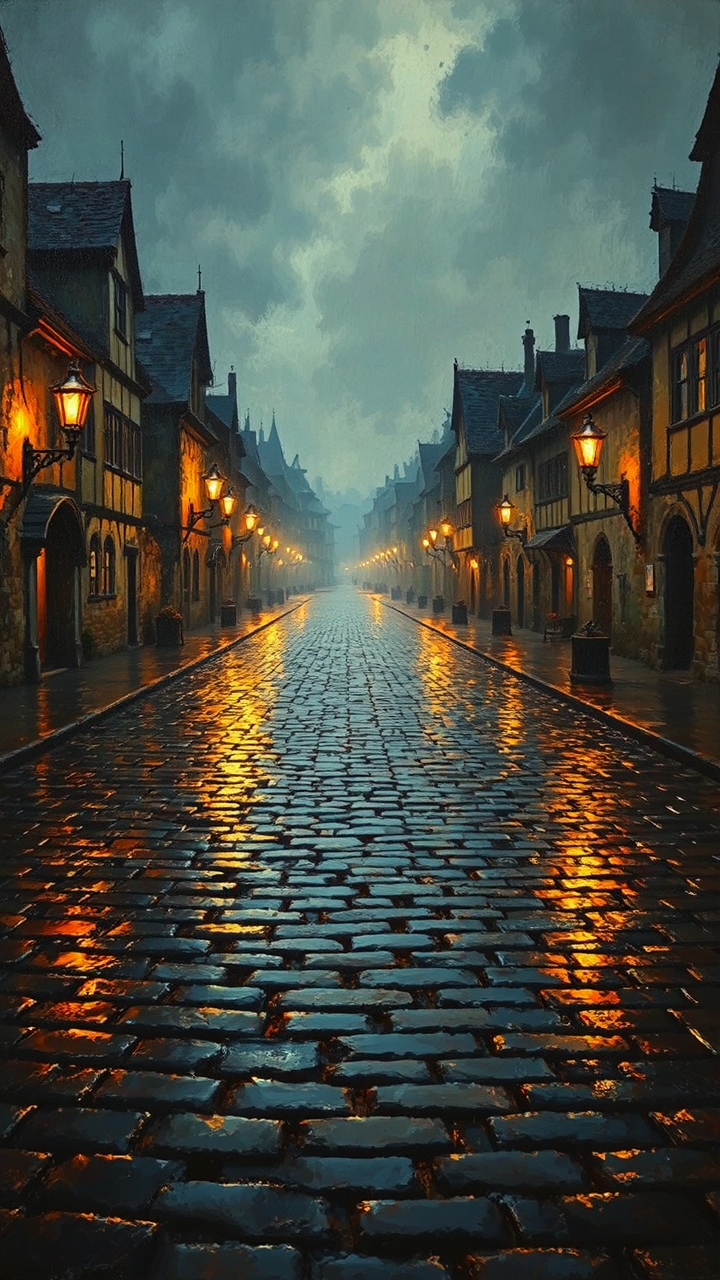 Wet cobblestones illuminated by