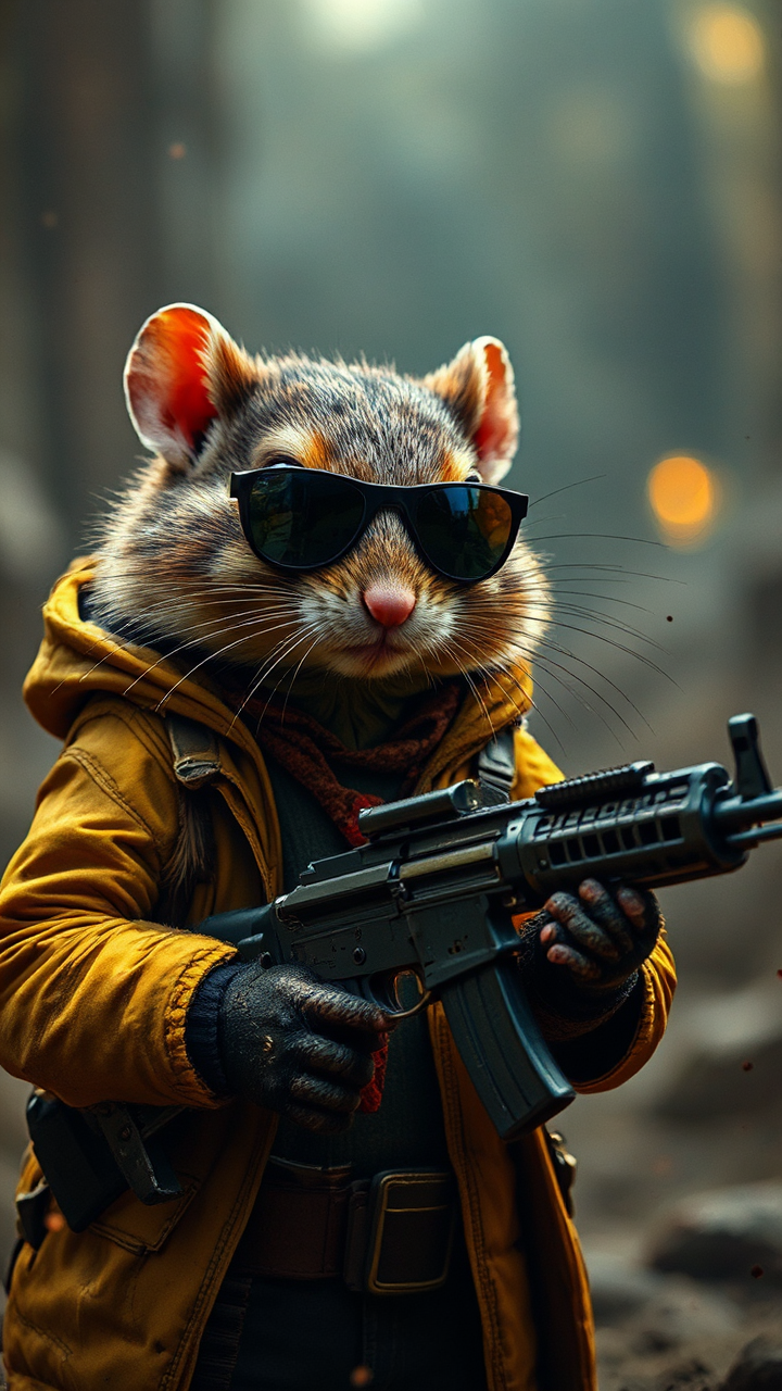 Rodent holds gun in