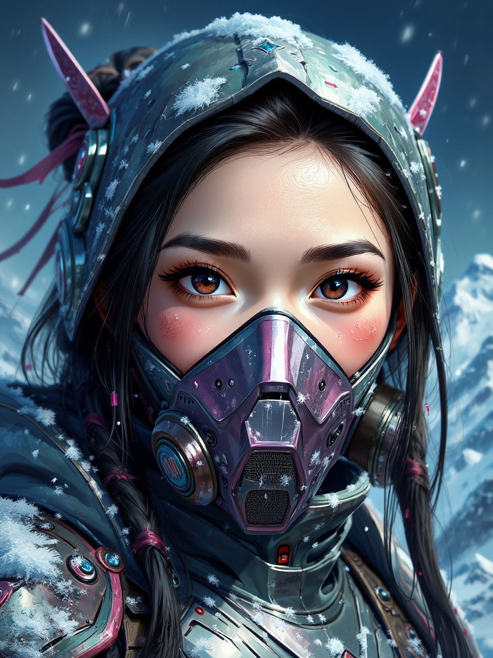 Metallic ninja in snowstorm.