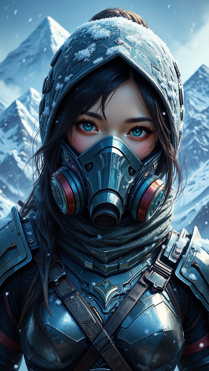 Cyber-ninja in snow-covered mountains.