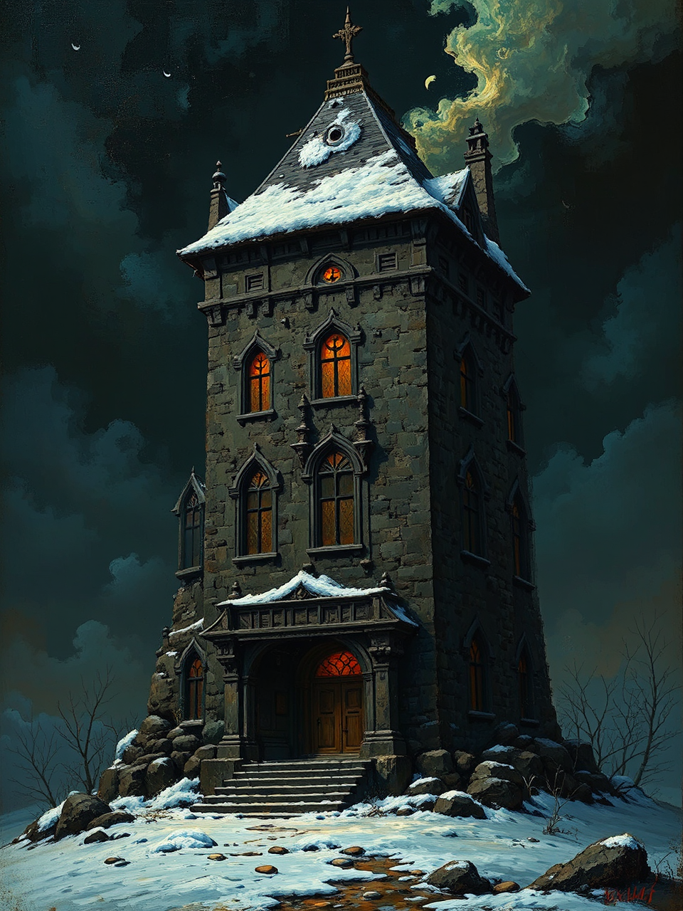 Building with glowing human-like