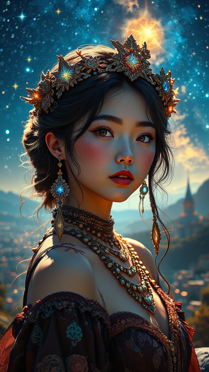 Asian woman under starry