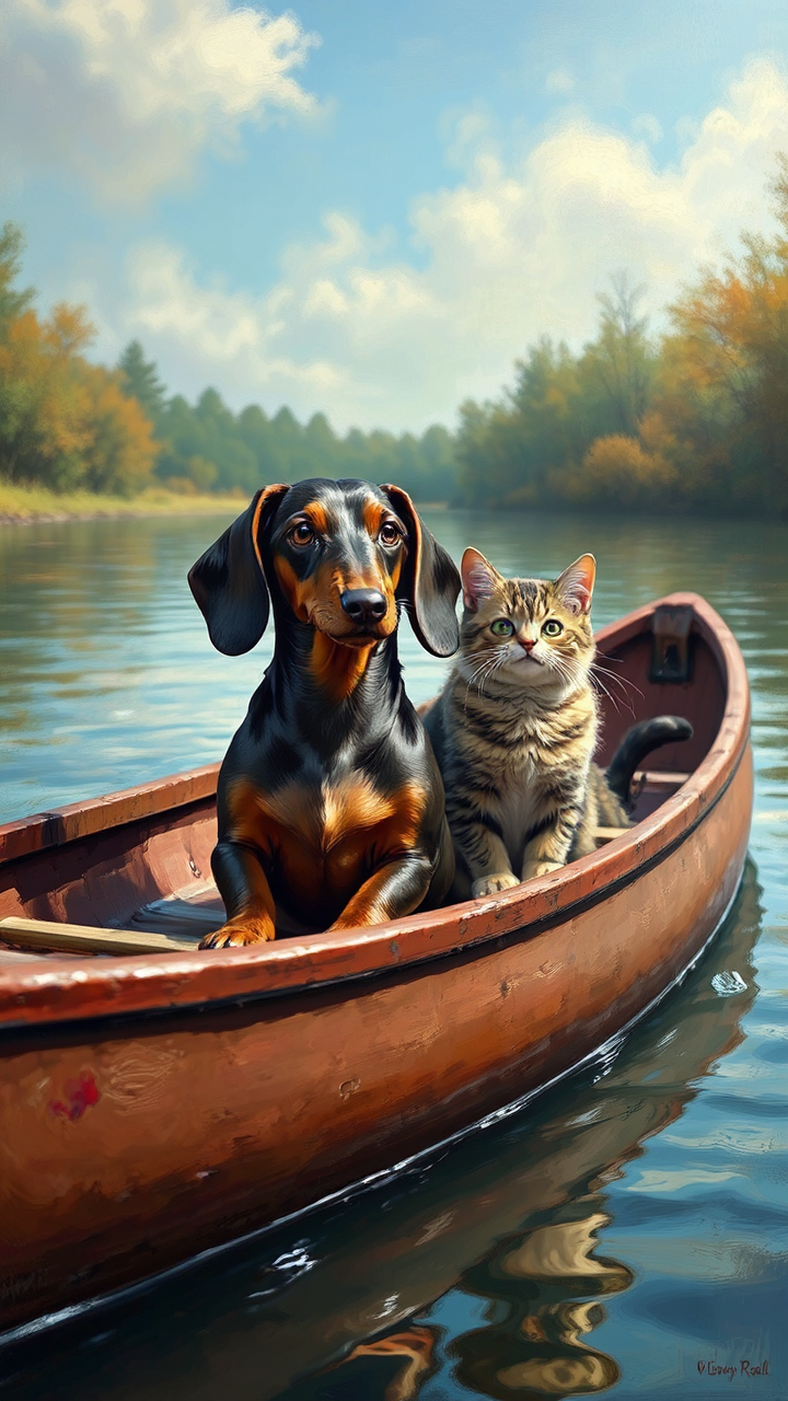Dachshund and cat in