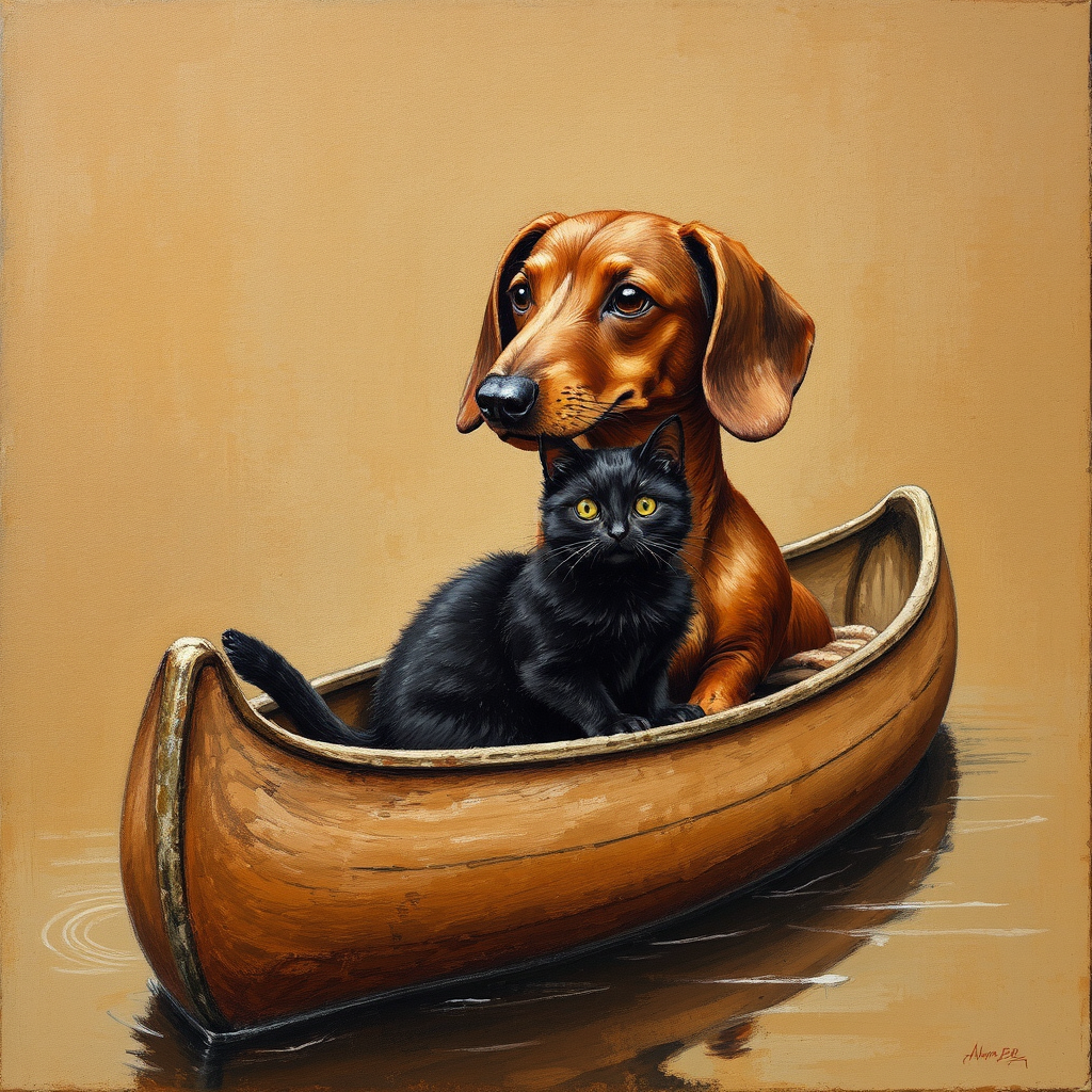 Brown dachshund and cat