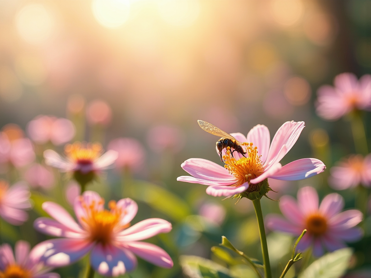 Bee pollinates a highly