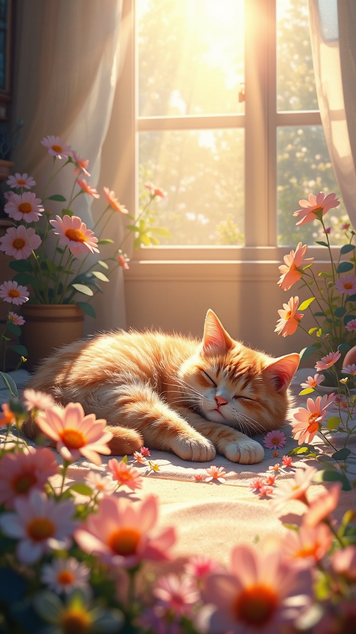 A sleeping cat surrounded