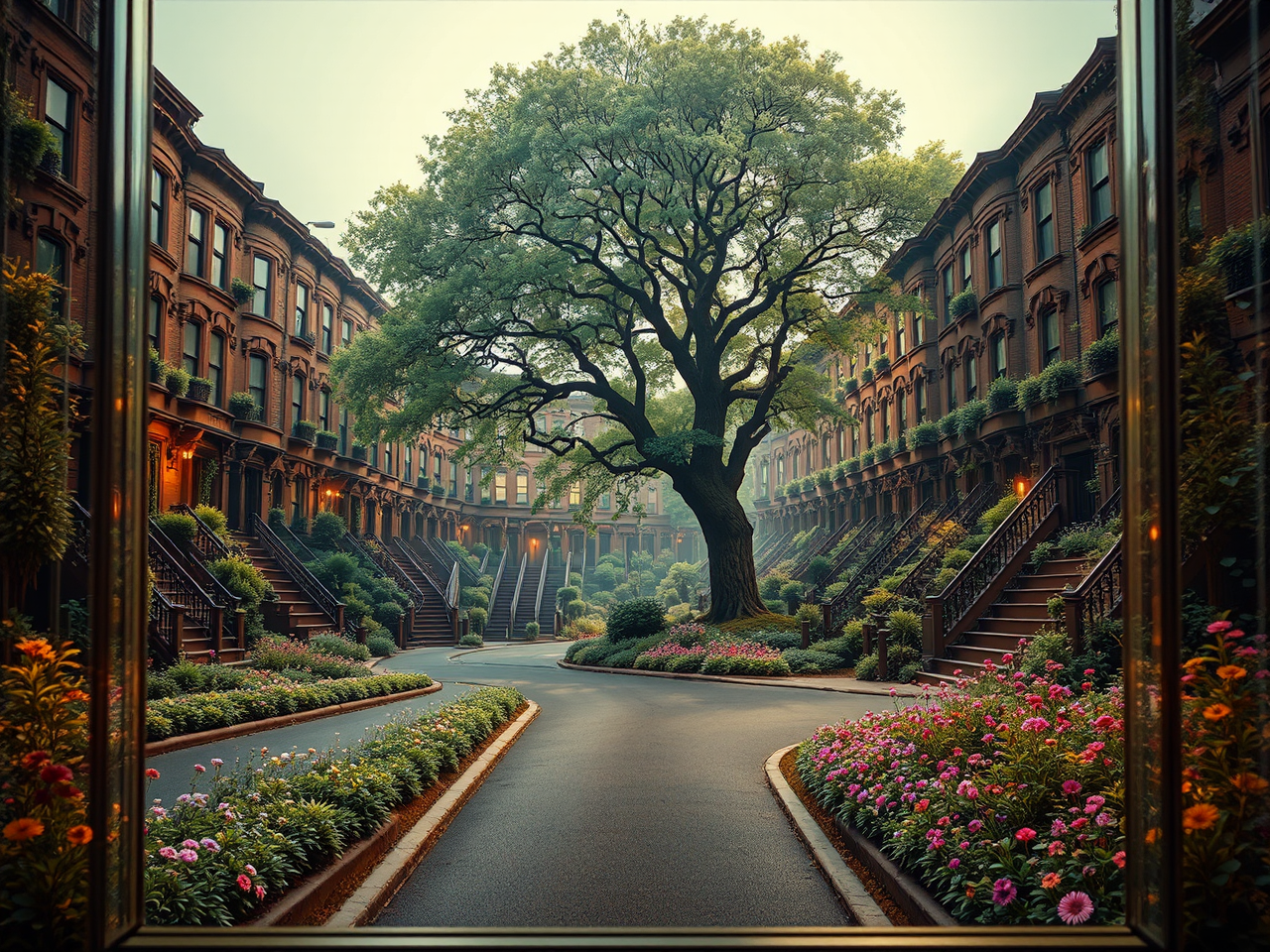 A brownstone street with