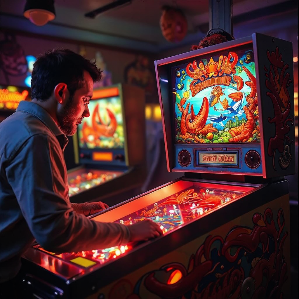 Man plays crustacean-themed pinball