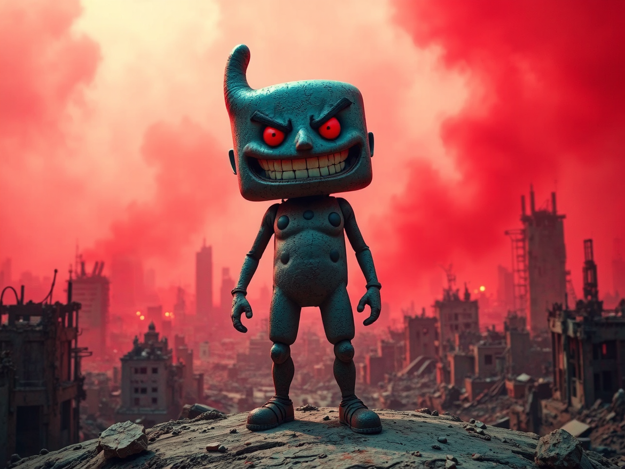 Mascot stands over apocalyptic