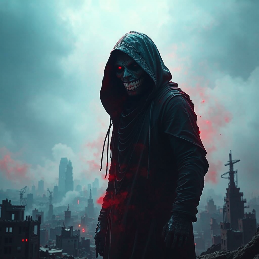 A hooded figure stands