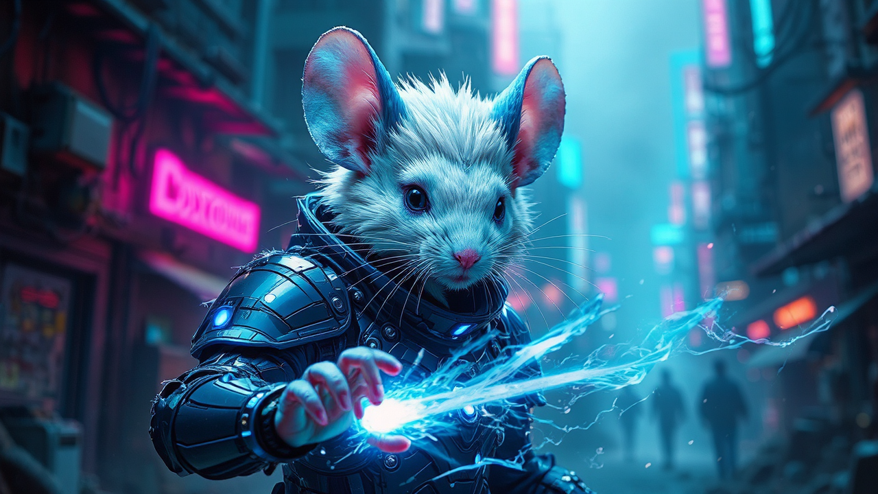 Mouse in cyberpunk-style armor