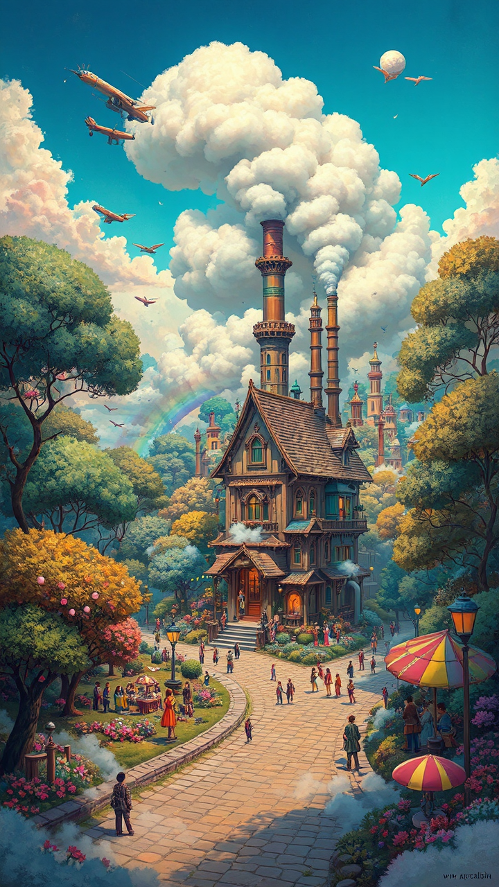 Steampunk city with fluffy