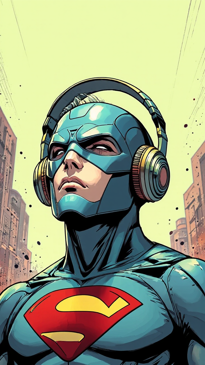 Superhero wears earbuds in