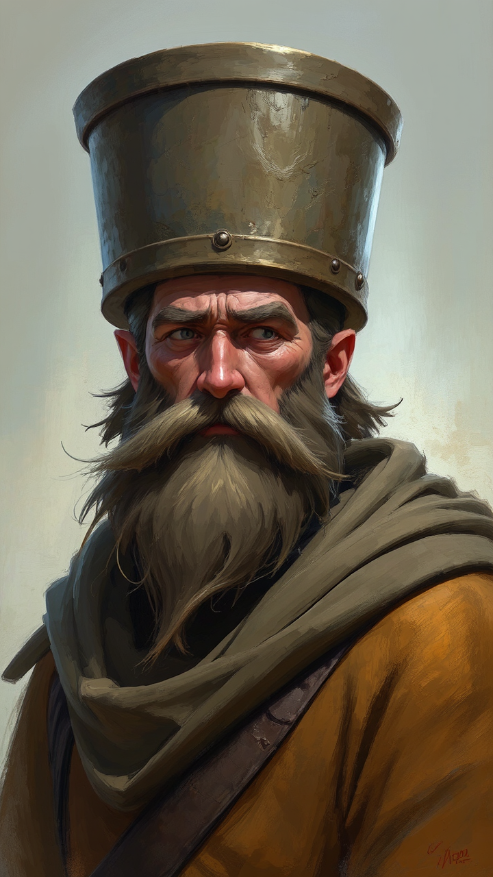 Man with bucket helmet