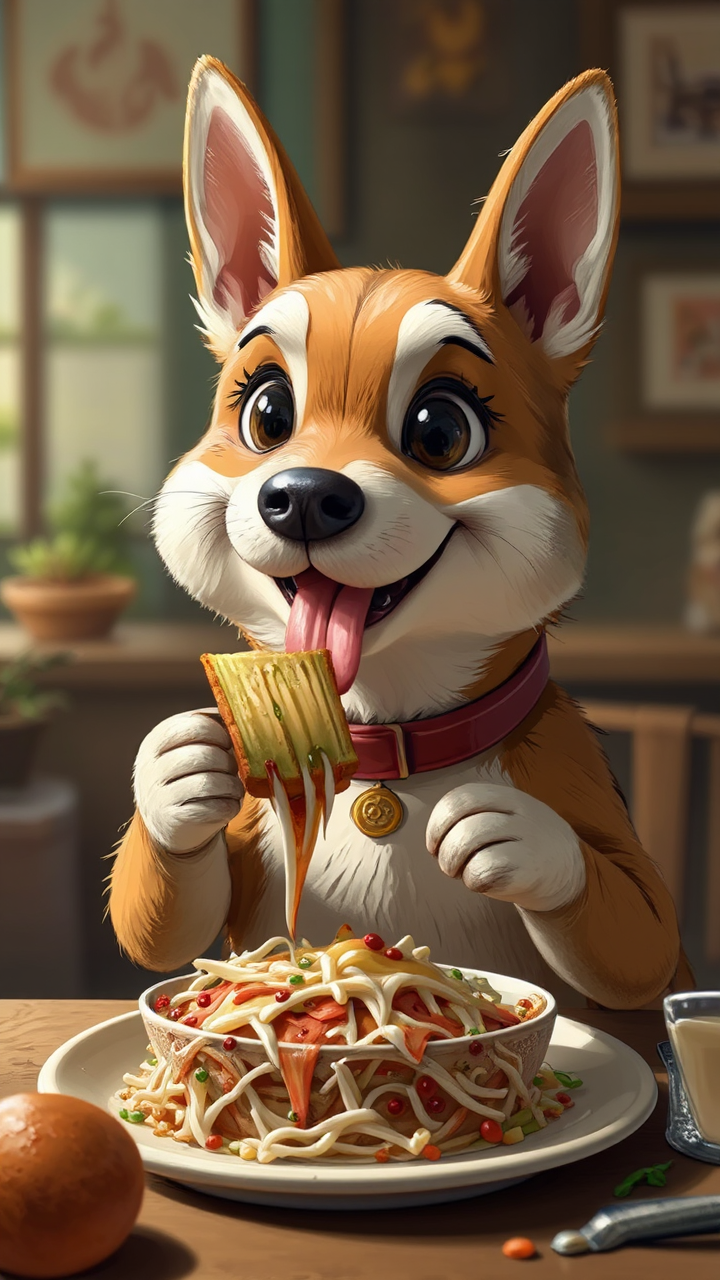 Anthropomorphic dog consuming food.