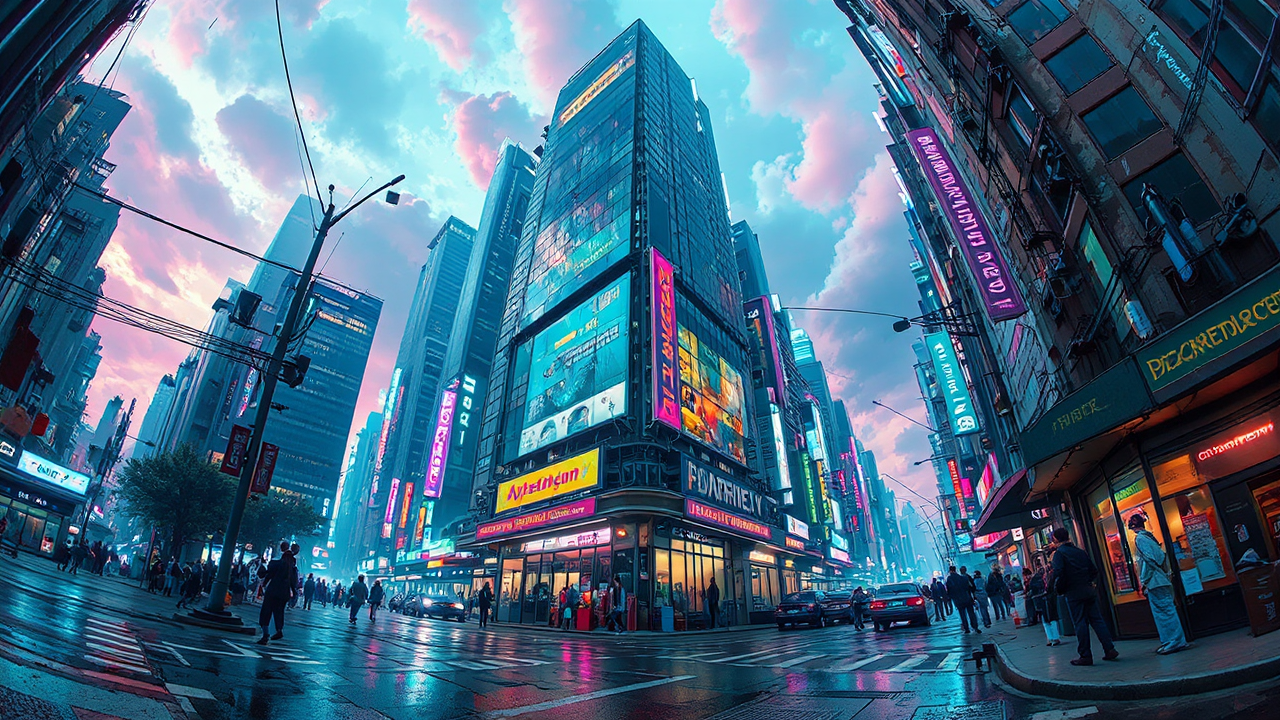 Dystopian city street in