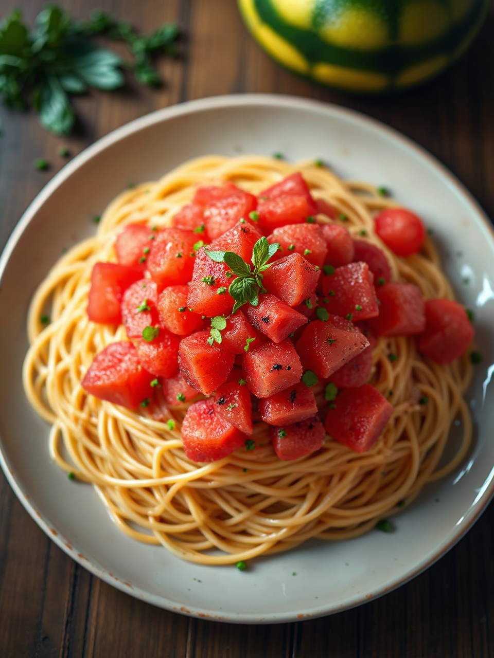 Spaghetti topped with chopped