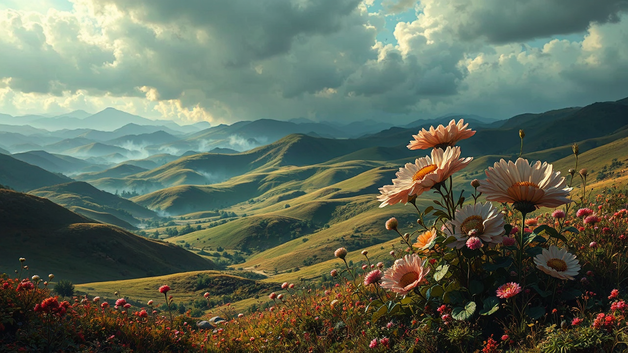 Tumultuous landscape with ornate