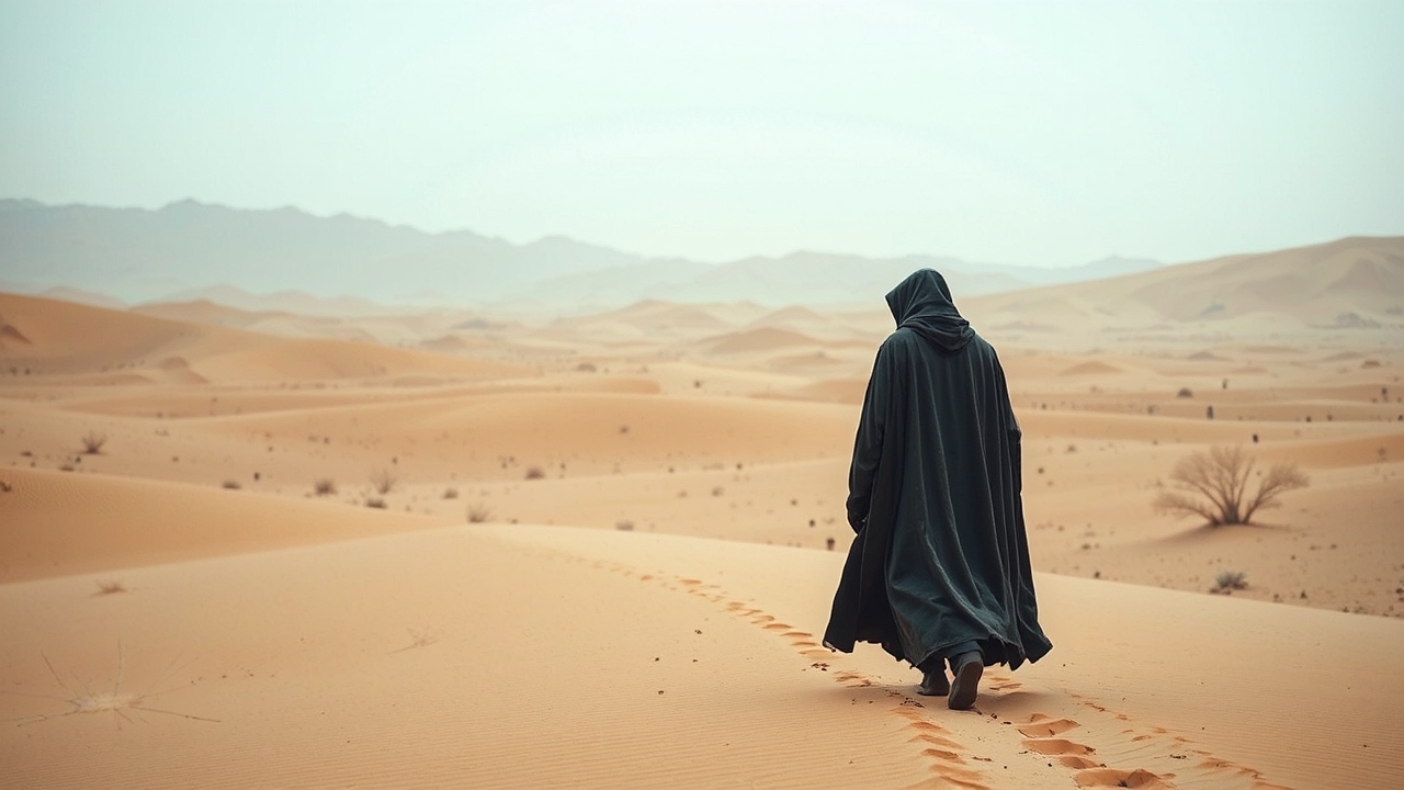 Human walks in desert