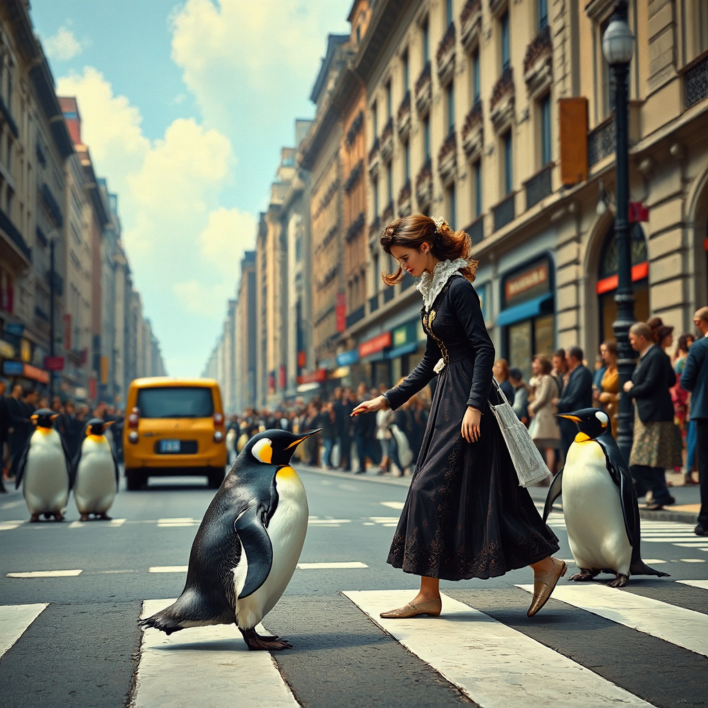 Woman helps penguin cross