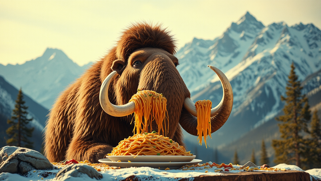 Mammoth eating spaghetti in