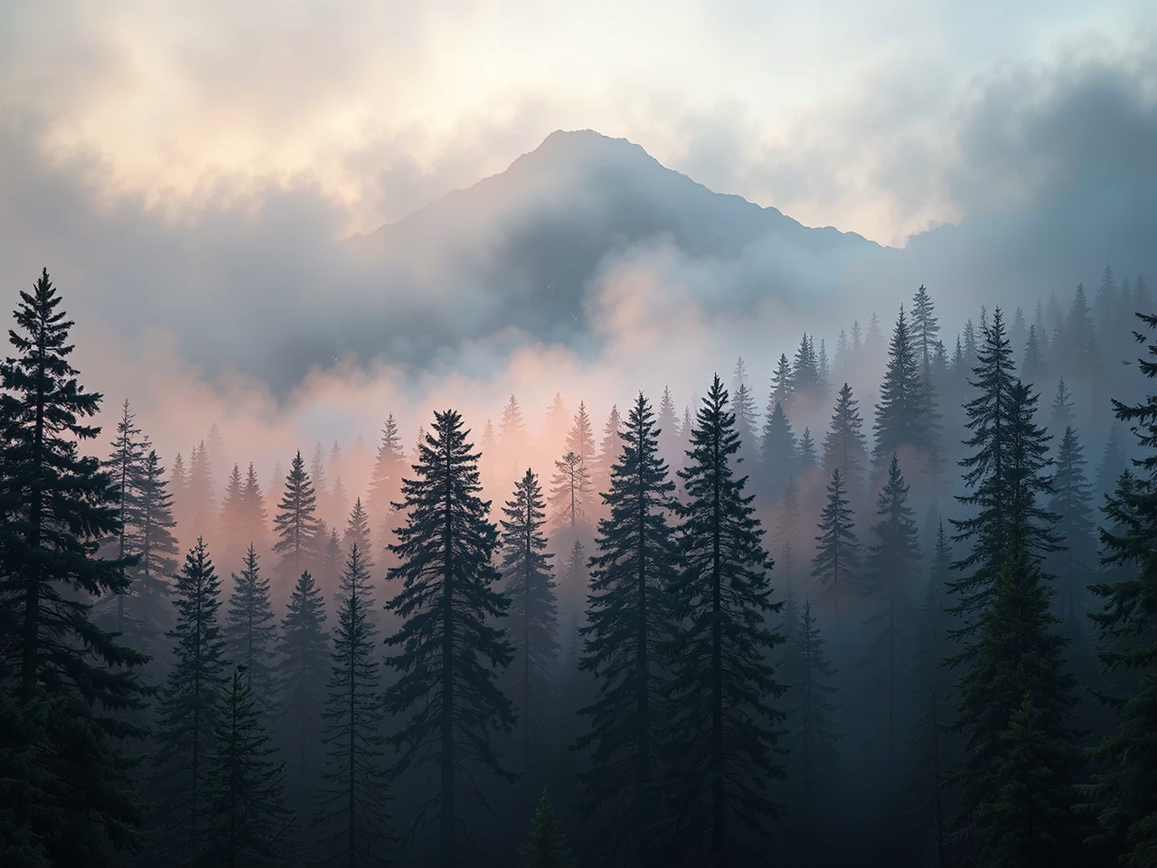 Foggy pine tree forest