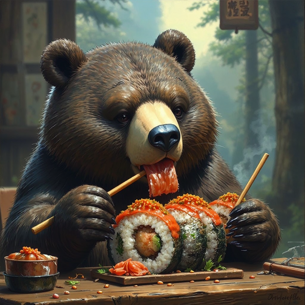 Bear eating sushi with